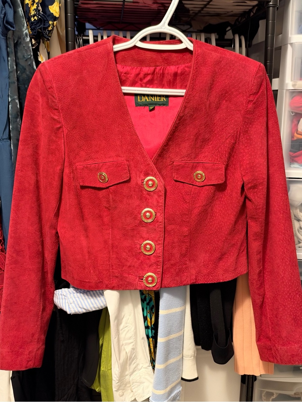 Vintage Danier Red Suede Cropped Blazer with Gold Buttons